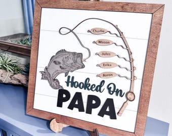Daddy Fishing Sign with Kids Names | Grandfather Wooden Fishing Sign | Gift for Fishing Dad | Grandpa Fishing Sign with Childrens Names