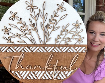 Thankful Door Hanger | Thanksgiving Front Door Decor | Thankful Fall Wooden Door Hanger | Fall Door Sign