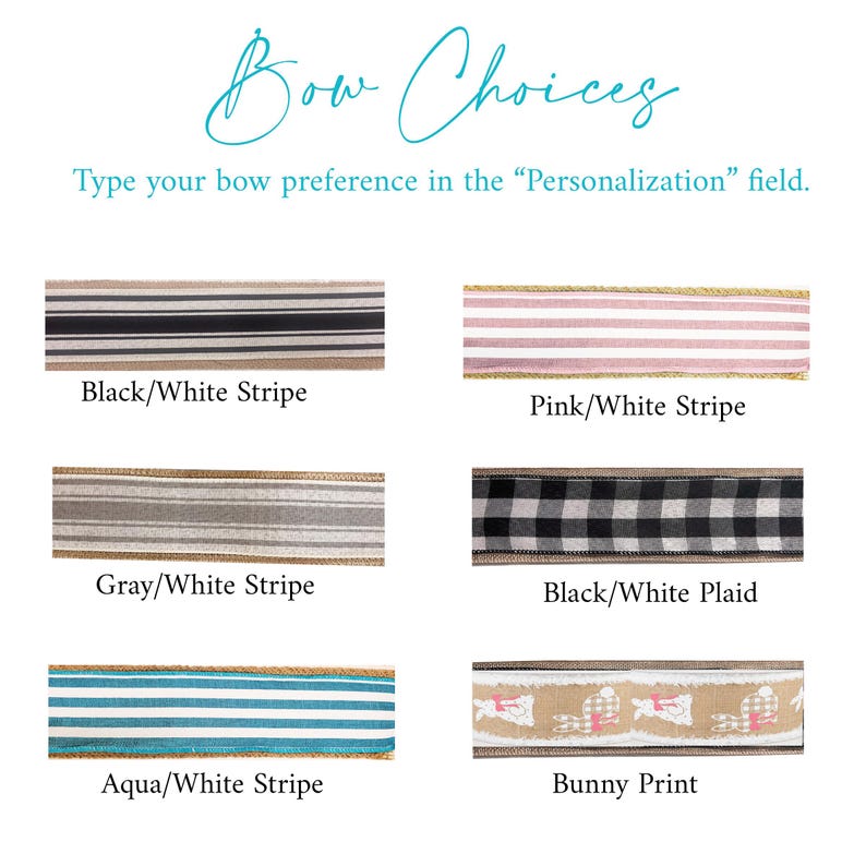 Peut inclure: Six options de ruban pour un n&oelig;ud, y compris des rayures noires et blanches, des rayures roses et blanches, des rayures grises et blanches, du plaid noir et blanc, des rayures aqua et blanches et un imprim&eacute; lapin.