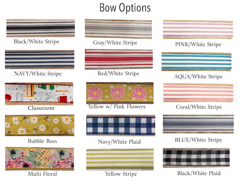 Op de afbeelding: Een collage van 12 verschillende lint opties voor strikken. De linten hebben verschillende patronen, waaronder strepen, ruit, bloemen en bijen. De tekst "Bow Options" staat bovenaan de afbeelding.