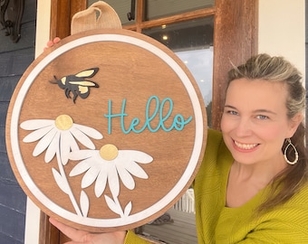 Wooden Hello Door Hanger | Front Door Decor | Front Door Sign | Newlyweds | Engagement gift