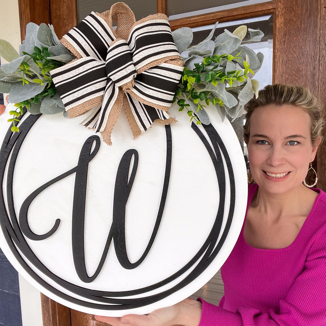 Monogram Door Hanger | Minimalist Door Hanger | Wooden Front Door Welcome Sign | Housewarming Gift - 18" Dill/Hops Green, #1 White/Black