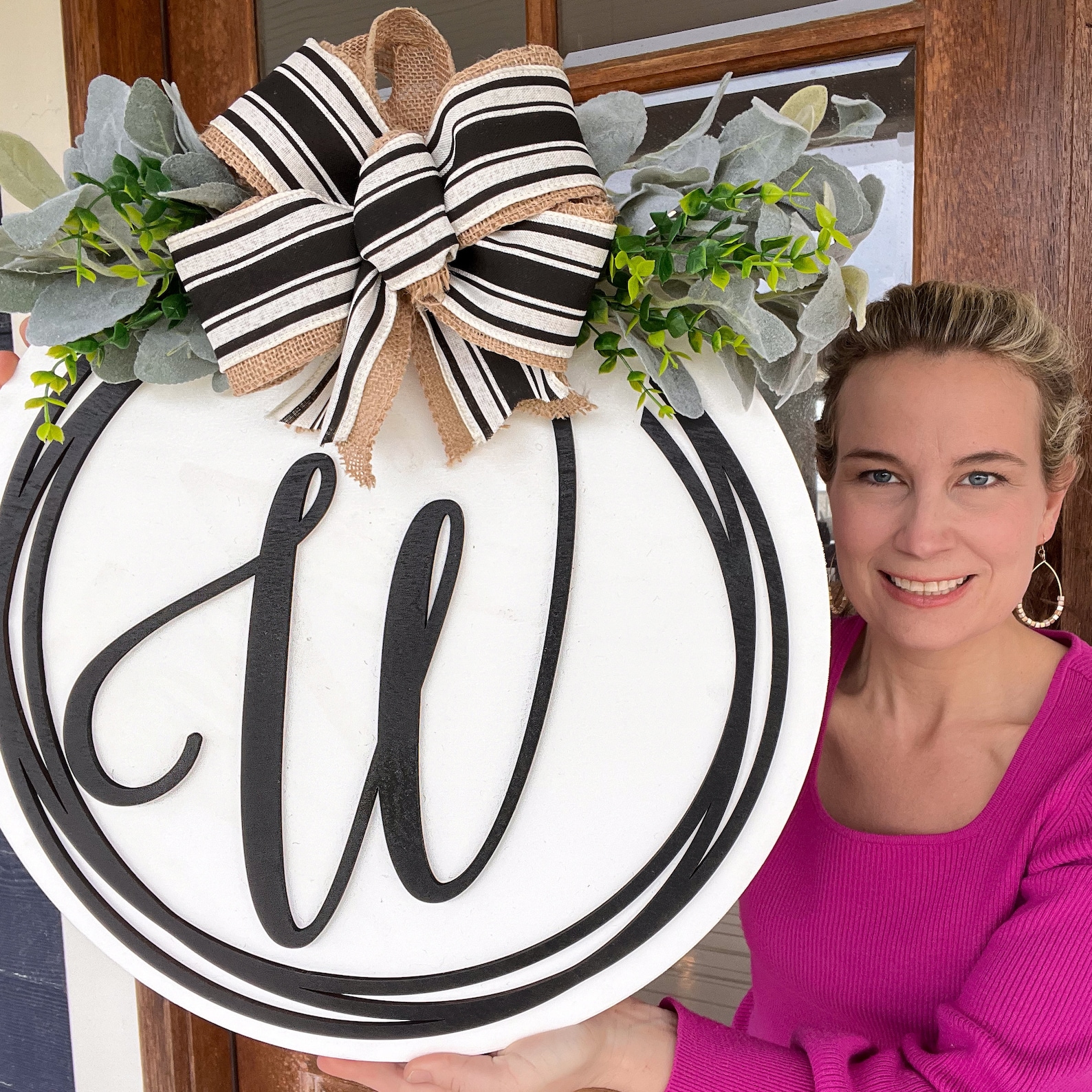 Monogram Door Hanger | Minimalist Door Hanger | Wooden Front Door Welcome Sign | Housewarming Gift - 18" Lambs Ear Green