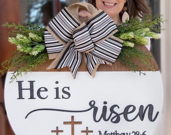 Easter Door Hanger: He is Risen Wooden Front Door Decor, Christian Scripture Sign