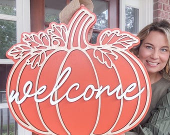 Deurhanger pompoen | Houten deurhanger herfst | Herfst houten voordeurdecoratie | Hello Fall houten deurhanger | Pompoen herfstdeurbord