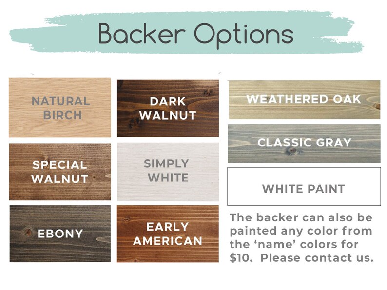 May include: A chart showing different wood stain options for a backer. The options include Natural Birch, Dark Walnut, Weathered Oak, Special Walnut, Simply White, Classic Gray, White Paint, Ebony, and Early American. The text reads "Backer Options" and "The backer can also be painted any color from the 'name' colors for $10. Please contact us."