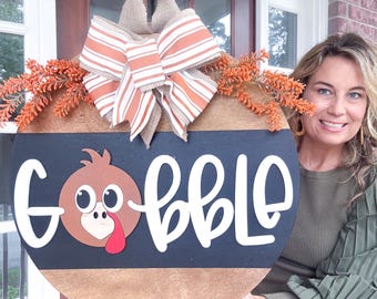 Thanksgiving Door Hanger | Gobble Thanksgiving Door Decor l Front Door Decor | Welcome Fall Wooden Door Hanger | Pumpkin Fall Door Sign