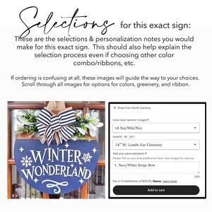 May include: A navy blue wooden sign with the words "WINTER WONDERLAND" in white script. The sign is decorated with a navy and white striped bow and greenery. The sign is 18 inches wide.