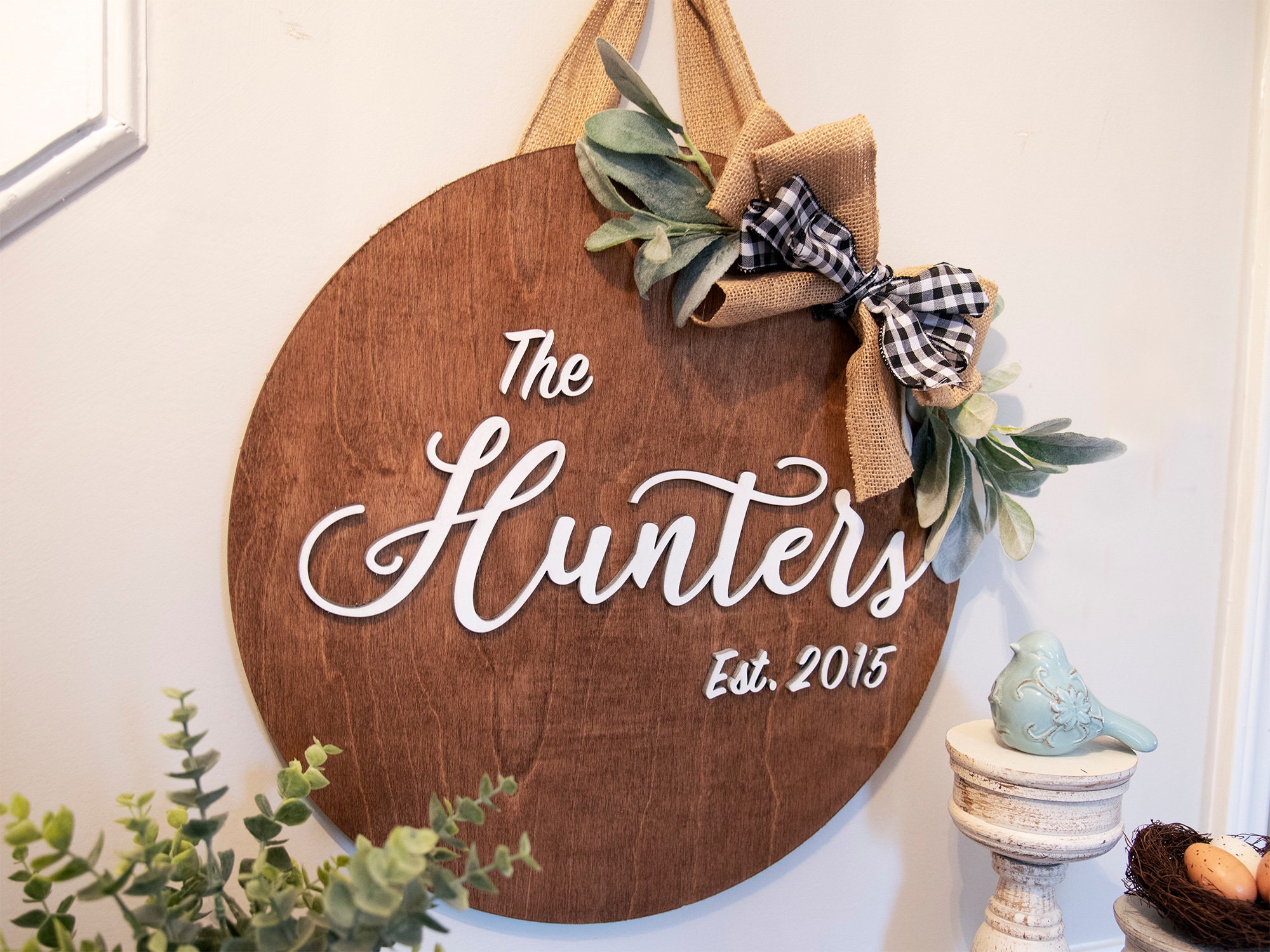 Cintre de Porte en Bois Circulaire | Signe Nom Famille Personnalisé Couronnes d'entrée Est. Signes C