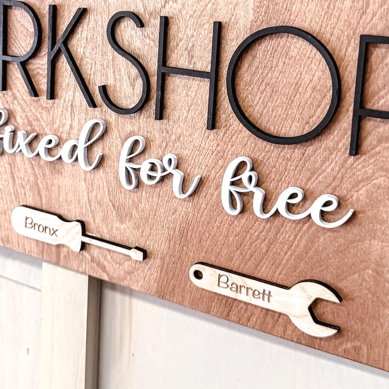 May include: A wooden sign with the text "Workshop, fixed for free" in white lettering. The sign has two wooden tools attached to it, one labeled "Bronx" and the other "Barrett".
