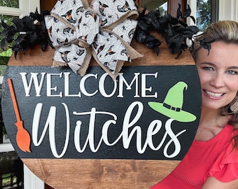 Halloween Door Hanger | Welcome Witches Door Decor | Welcome Halloween Wooden Door Hanger | Halloween Welcome Witches Door Sign