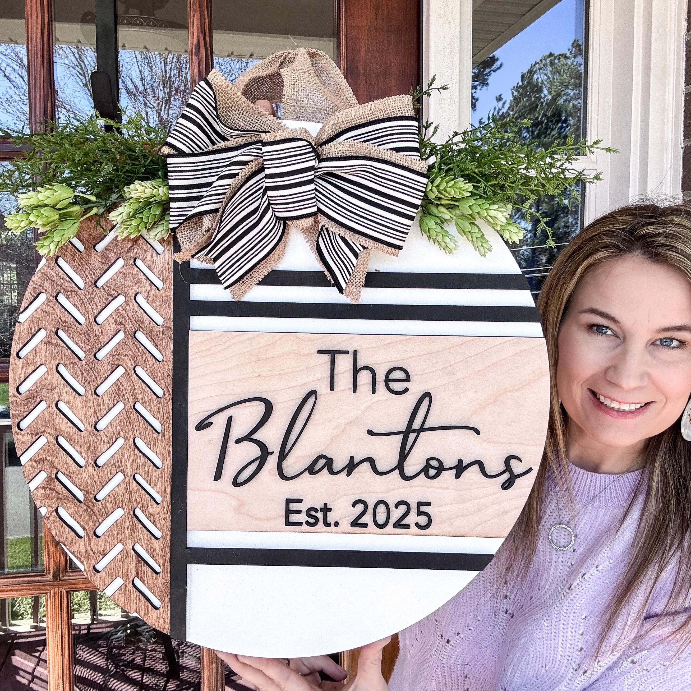 Personalized Door Sign | Round Wooden Family Name Sign with Bow and Greenery | Front Door Hanger | Front Door Sign with Name