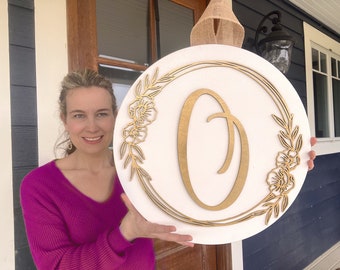 Monogram Door Hanger | Floral Initial Door Hanger | Wooden Initial Front Door Decor