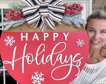 Happy Holidays Door Hanger | Happy Holidays Front Door Decor | Wooden Door Hanger | Christmas Wreath