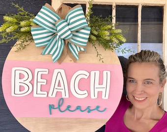 Beach Door Hanger | Custom Beach Please Door Decor | Wooden Front Door Wreath | Spring Entry Way Decor