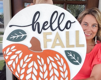 Hello Fall Door Hanger | Fall Wreath | Fall wooden Front door decor | Hello Fall Wooden Door Hanger | Pumpkin Fall Door Sign