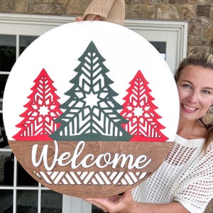 Welcome Door Hanger | Christmas Front Door Decor | Wood Door Hanger | Christmas Wreath