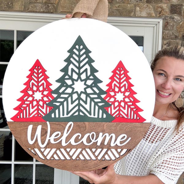 Colgador de puerta de bienvenida / Decoración navideña para puerta de entrada / Colgador de puerta de madera / Corona navideña