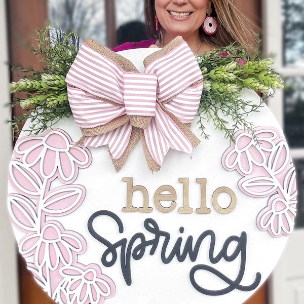 Ghirlanda di fiori in legno con scritta "Hello Spring" e decorazione per porta d'ingresso