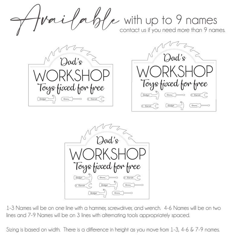 May include: A black and white illustration of a saw blade with the text "Dad's Workshop Toys fixed for free". The illustration includes a hammer, screwdriver, and wrench. The text "Available with up to 9 names. Contact us if you need more than 9 names." is also included.