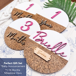 Baby Name Announcement Disc | Wooden Monthly Milestone Disc Set | Newborn Photo Prop | Baby Girl Gift | Baby Girl Announcement