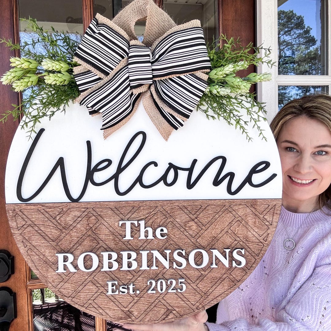 Wooden Front Door Sign | Front Door Decor | Welcome Door Hanger | Welcome Door Sign with Name - #2 White, 18" Lambs Ear Greener
