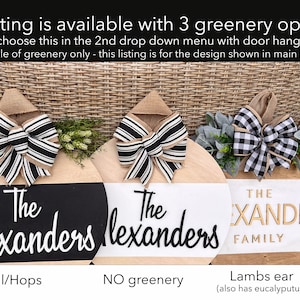 Op de afbeelding: Drie ronde houten borden met verschillende groenopties. De borden zijn wit en zwart geverfd en hebben de tekst "The Alexanders" en "The Xander Family" erop geschreven. De groenopties zijn dille/hop, geen groen en lamsoren met eucalyptus.