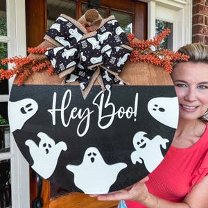 Halloween Door Hanger | Hey Boo Front Door Decor | Halloween Wreath | Halloween Wooden Door Hanger | Ghost Door Sign