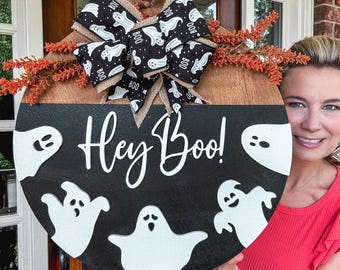 Halloween Door Hanger | Hey Boo Front Door Decor | Halloween Wreath | Halloween Wooden Door Hanger | Ghost Door Sign