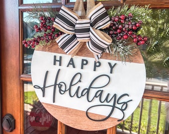 Holiday Door Hanger | Happy Holiday Front Door Decor | Wood Door Hanger | Christmas Wreath