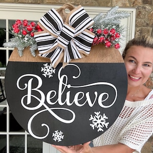 Wooden Door Hanger Christmas | Believe Front Door Decor | Wood Door Hanger | Christmas Wreath