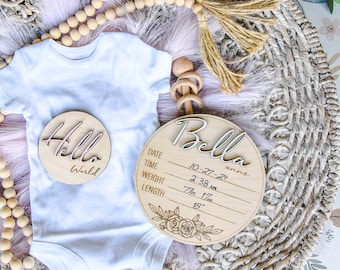 Floral Baby Geburt Stat Zeichen für Krankenhaus, Holz Baby Ankündigung Zeichen, Neugeborenen Namensschild für Krankenhaus, Baby Namensschild,
