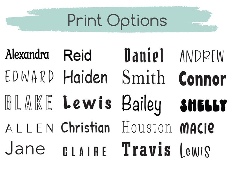 May include: A list of names in black text on a white background. The names are arranged in four columns. The text at the top of the image reads "Print Options".