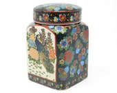 Vintage Square Ceramic Satsuma Peacock and Flowers Ginger Jar