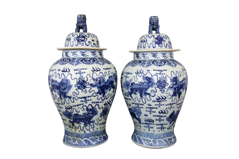Extra Large Blue and White Ginger Jars with Foo Dog Lids A Etsy