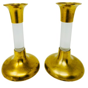 Vintage Brass and Lucite Candlestick Holders a Pair
