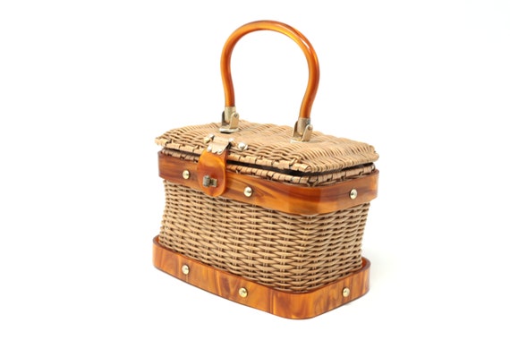 Vintage Wicker and Amber Lucite Purse
