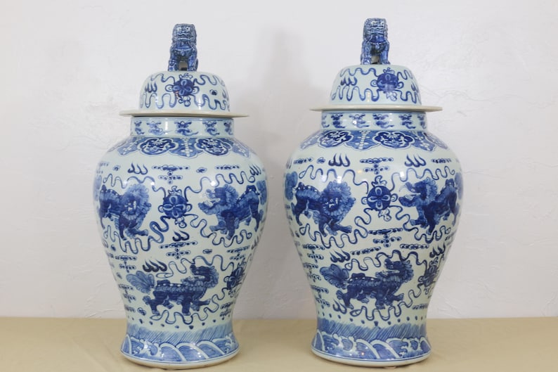 Extra Large Blue and White Ginger Jars with Foo Dog Lids A Etsy