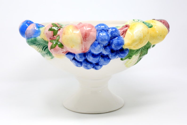 Portuguese Vintage Hand-Painted Made in Portugal Large Fruit Compote Bowl With Lemons Grapes and Strawberries