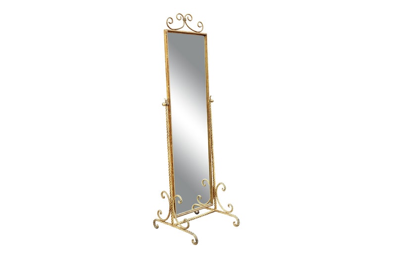 Vintage Gold Gilt Wrought Iron Rope Floor Mirror Made In Italy