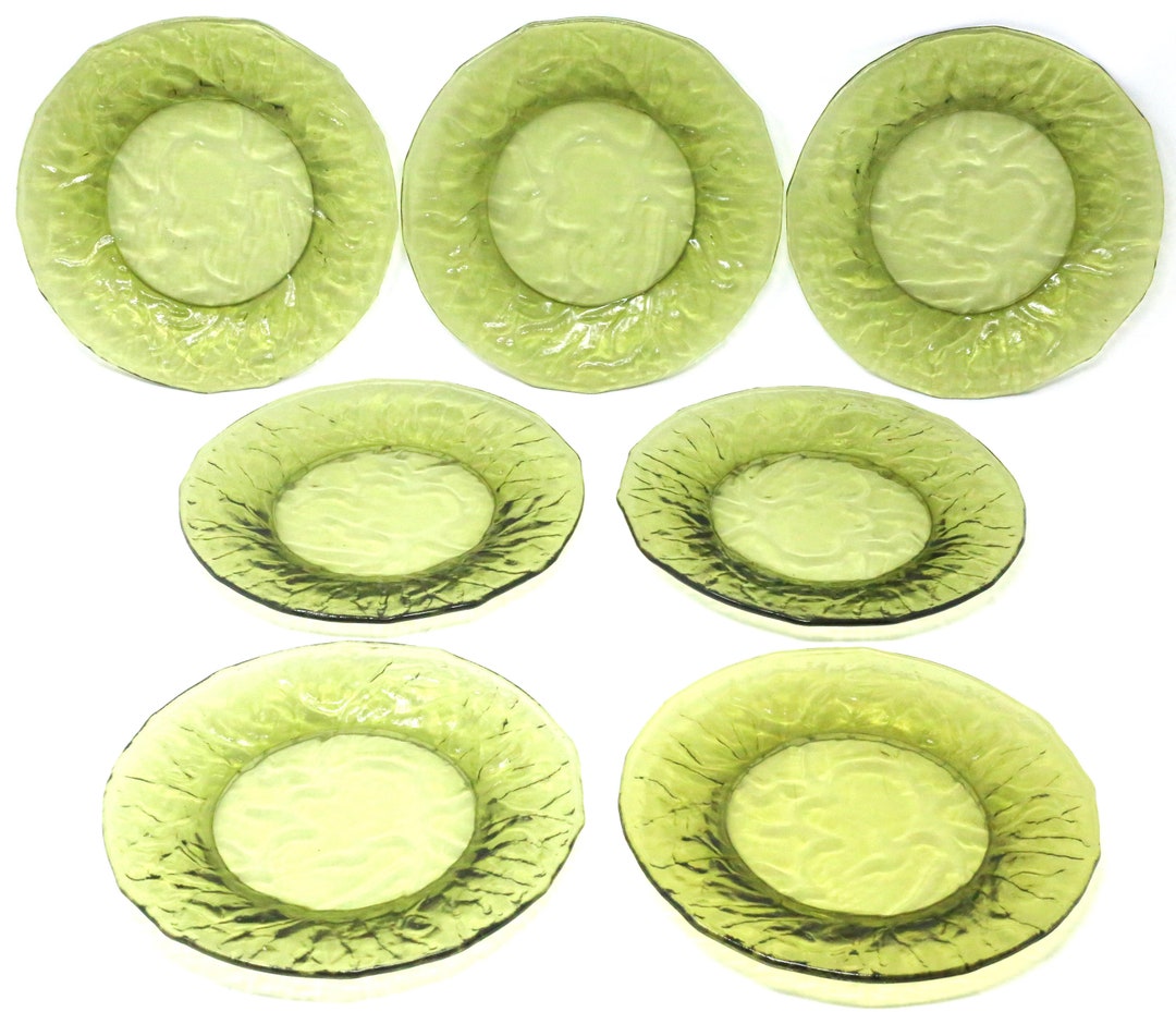 Vintage Green Glass Cabbage Leaf Salad Plates Set of 7 Etsy