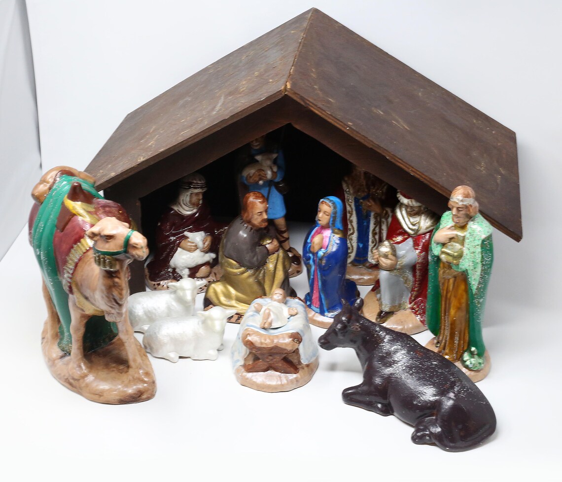 1960's Large HandPainted Nativity Crèche Set Set of 13 Etsy