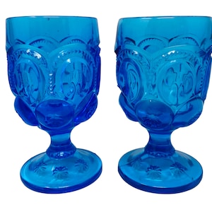 Vintage Smith Glass Moon and Stars Blue Water Goblets a Pair