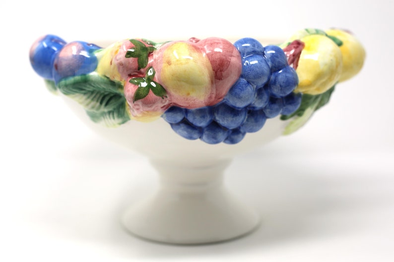 Portuguese Vintage Hand-Painted Made in Portugal Large Fruit Compote Bowl With Lemons Grapes and Strawberries