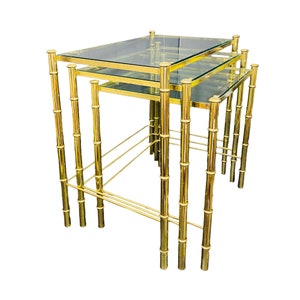 1970&#39;s Brass Faux Bamboo Nesting Tables with Glass a Set of 3
