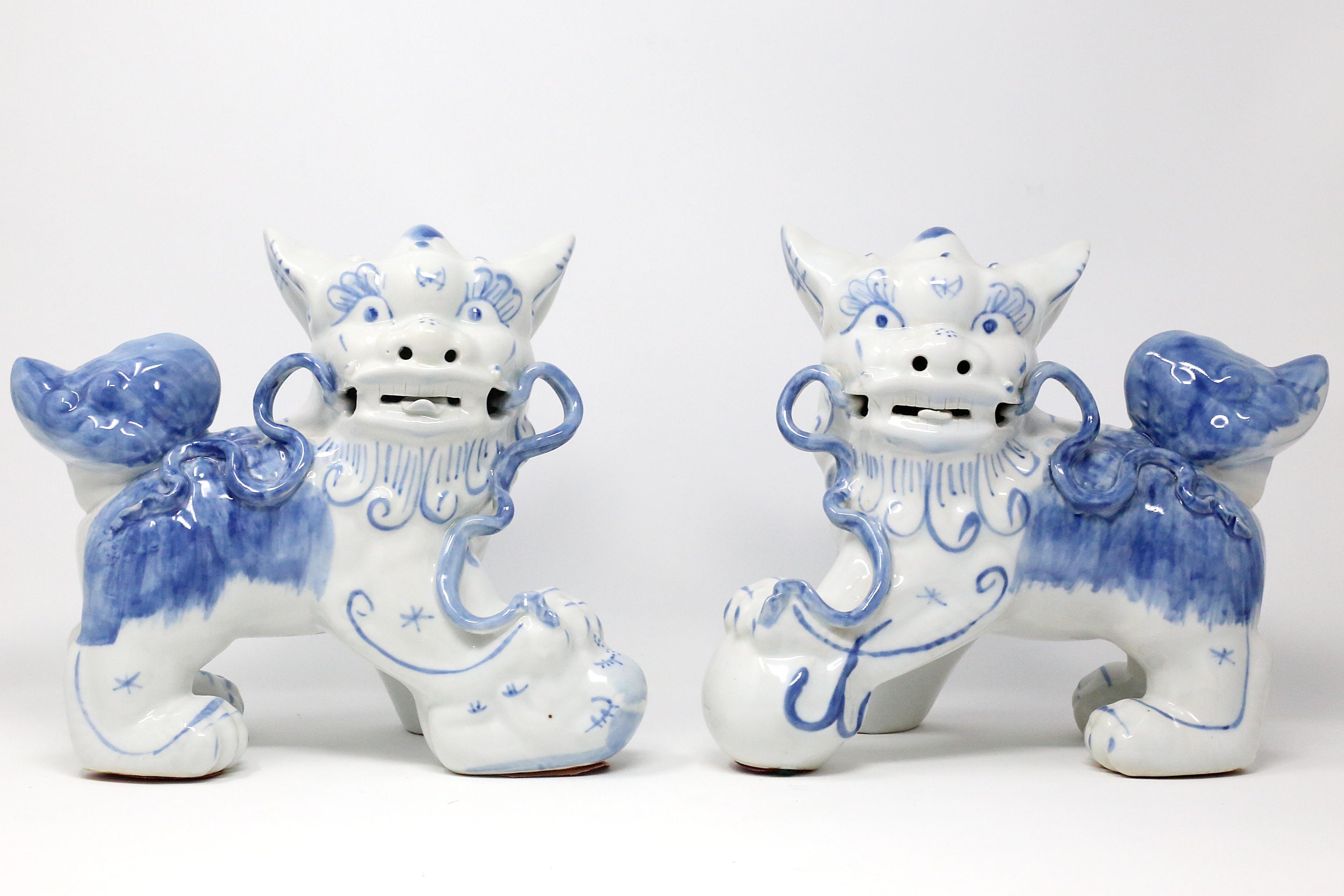 Vintage Blue and White Handpainted Foo Dog Figures Set of 2 Etsy