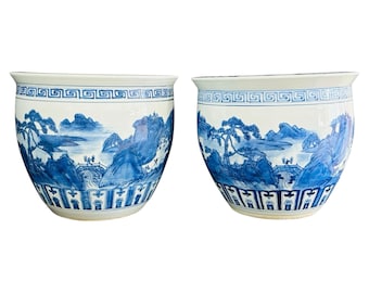 Vintage Chinoiserie Fishbowl Planters | Pair of Blue and White Porcelain Jardinières