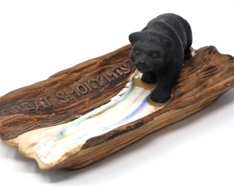 Vintage Great Smoky Mountains Ashtray, Black Bear Ceramic Coin Dish