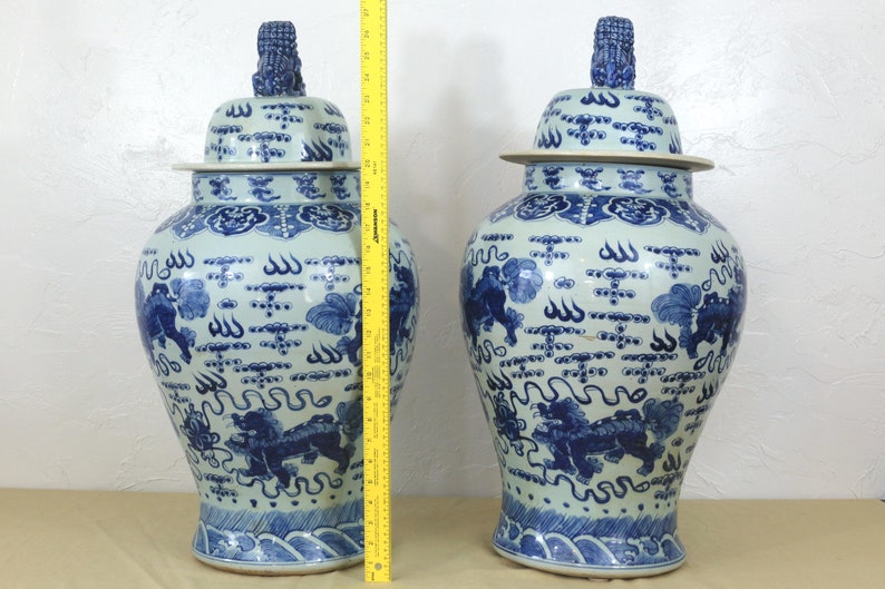 Extra Large Blue and White Ginger Jars with Foo Dog Lids A Etsy