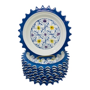 Vintage Scalloped Hand Painted Pottery Plates Blue and White Set of 9